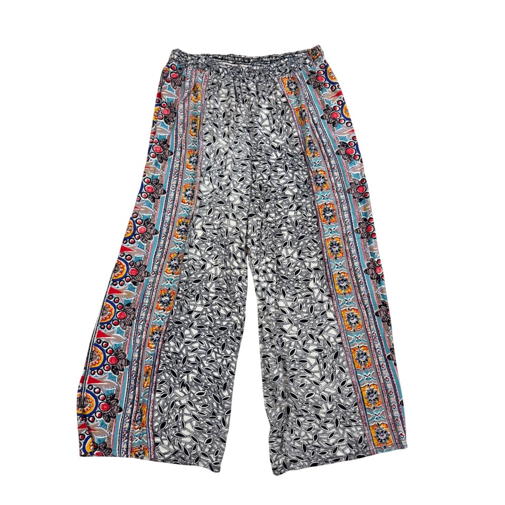 Angie Womens Wide Leg Palazzo Pants Mixed Boho Print Smocked Waist Rayon Medium